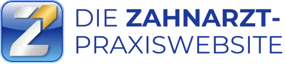 Logo mit stilisiertem "Z" auf blauem Hintergrund und Text "DIE ZAHNARZT-PRAXISWEBSITE".