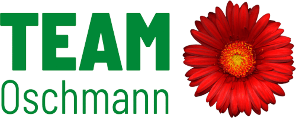 Blauer Text "TEAM Oschmann" neben einem glänzenden Wassertropfen.