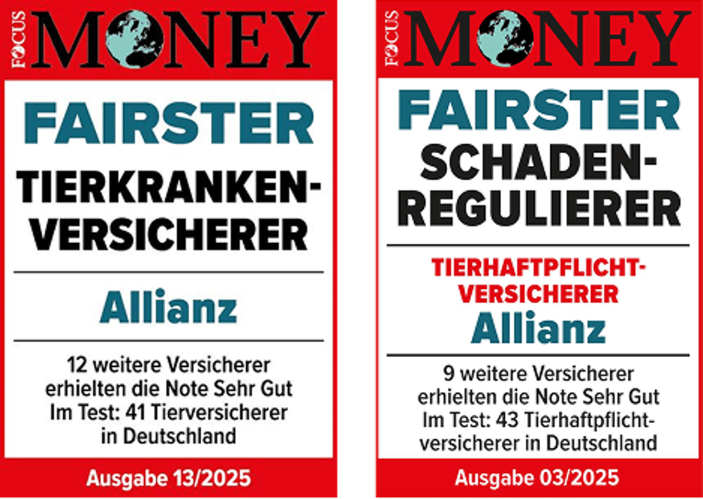 Focus Money Auszeichnungen: "Fairster Tierkrankenversicherer" & "Fairster Schadenregulierer" an Allianz.