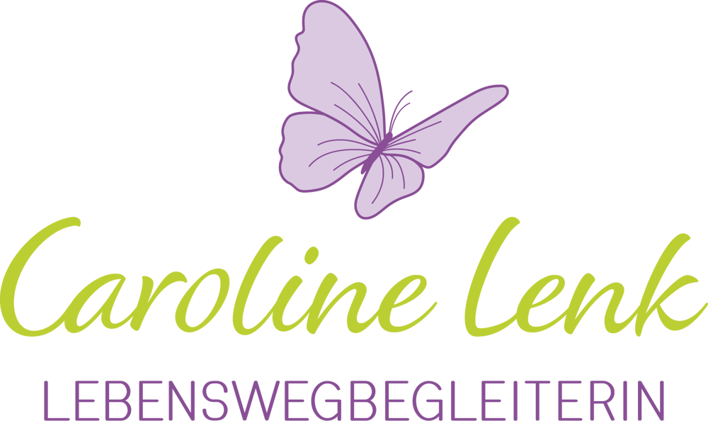 Logo von Caroline Lenk Lebenswegbegleiterin mit einem fliederfarbenen Schmetterling und grünem Schriftzug.
