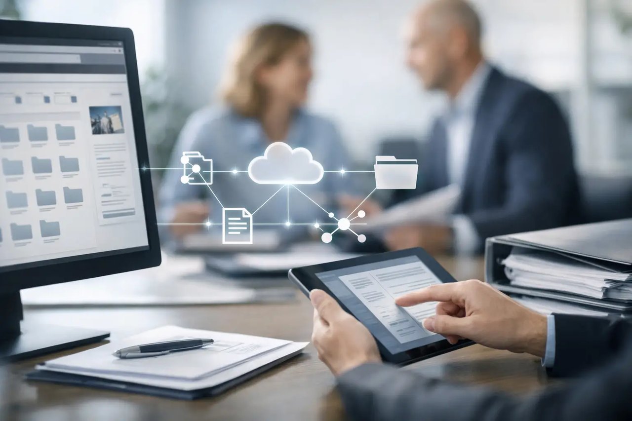 Hände bedienen ein Tablet vor einem Monitor mit Cloud-Computing-Symbolen und vernetzten Datei-Icons im Büro.