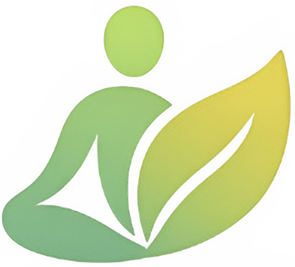 Grüne menschliche Figur in Meditationshaltung neben einem großen Blatt, das Gesundheit und Natur symbolisiert.