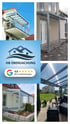 Collage: Balkon-, Terrassen- und Hauseingangsüberdachungen, HB Überdachung Logo, Google Bewertung 5,0 bei 3+ Bewertungen.