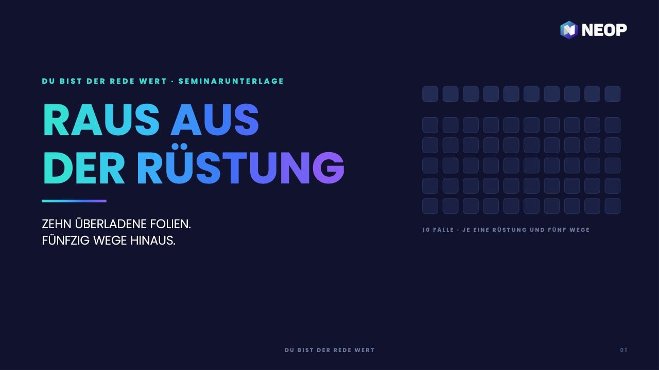 Titelfolie der Fallsammlung Raus aus der Rüstung — zehn überladene Folien, fünfzig Wege hinaus