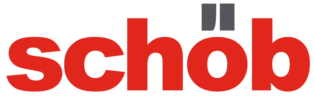 Roter Schriftzug schöb in Kleinbuchstaben mit grauen Umlautpunkten auf weißem Hintergrund.