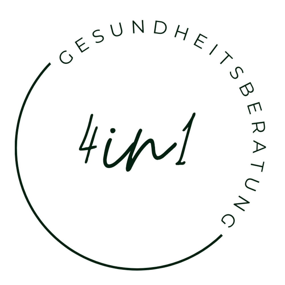 Weißes Emblem mit Text "GESUNDHEITSBERATUNG" und "4in1" in dunklem Grün.