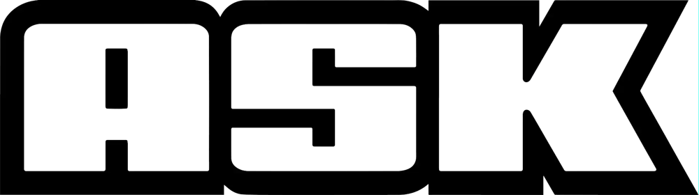 Grüner Text "ASK" mit schwarzem Rand.