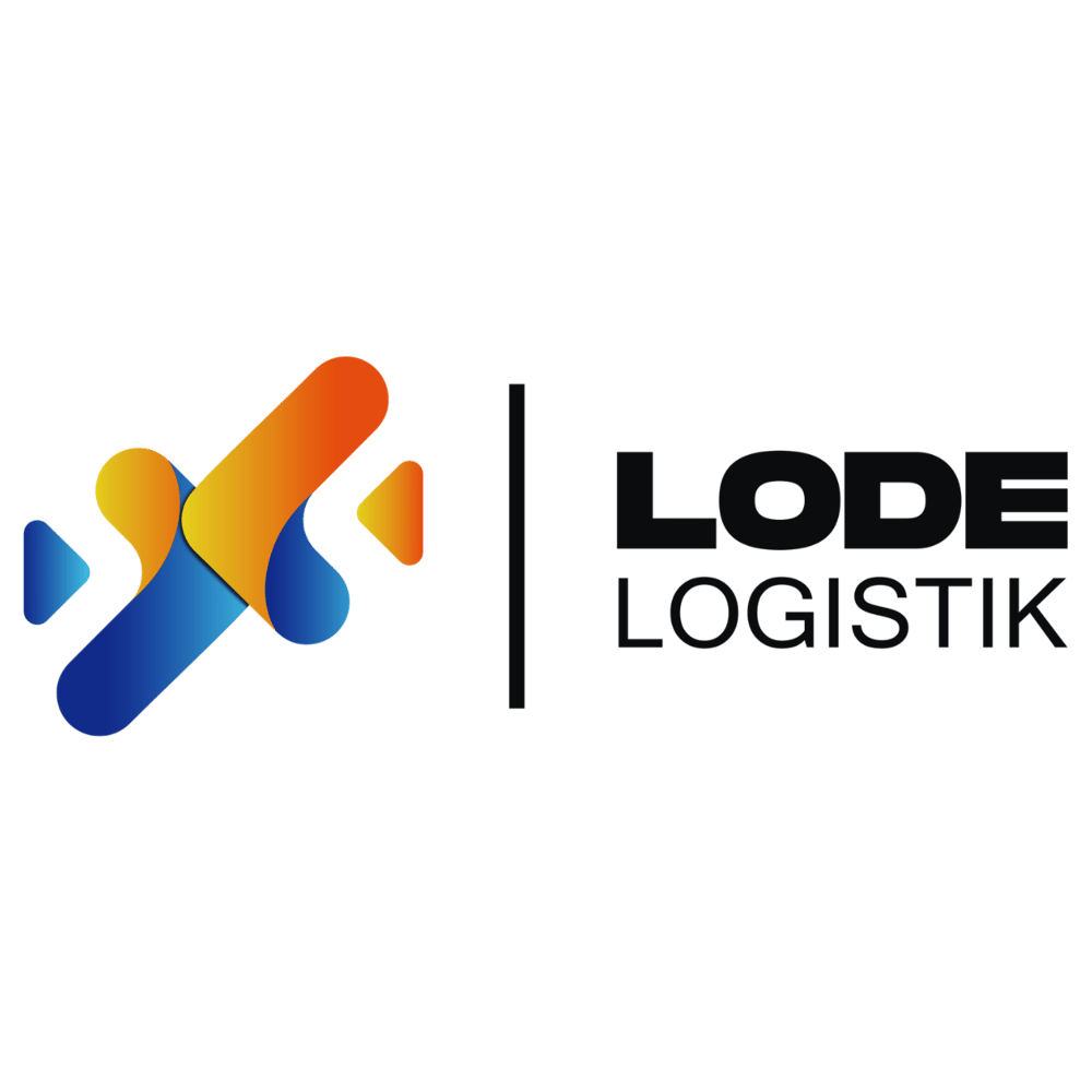 LODE LOGISTIK Logo: Weißes Symbol, das einen stilisierten Pfeil und ein X darstellt, neben vertikaler Linie und Text "LODE LOGISTIK".
