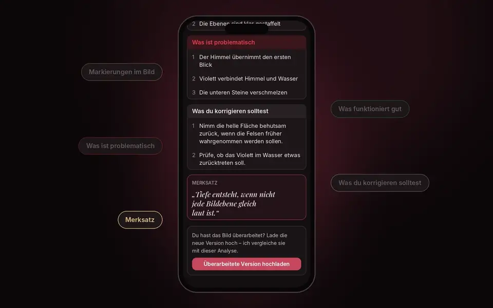Bildkritiker-App auf dem Smartphone: Analyse eines Küstenfotos mit Markierungen und den Bereichen Was funktioniert gut, Was ist problematisch und Was du korrigieren solltest