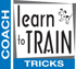 Text "COACH learn to TRAIN TRICKS" mit einem schwarz gefleckten Welpen, der oben rechts steht.