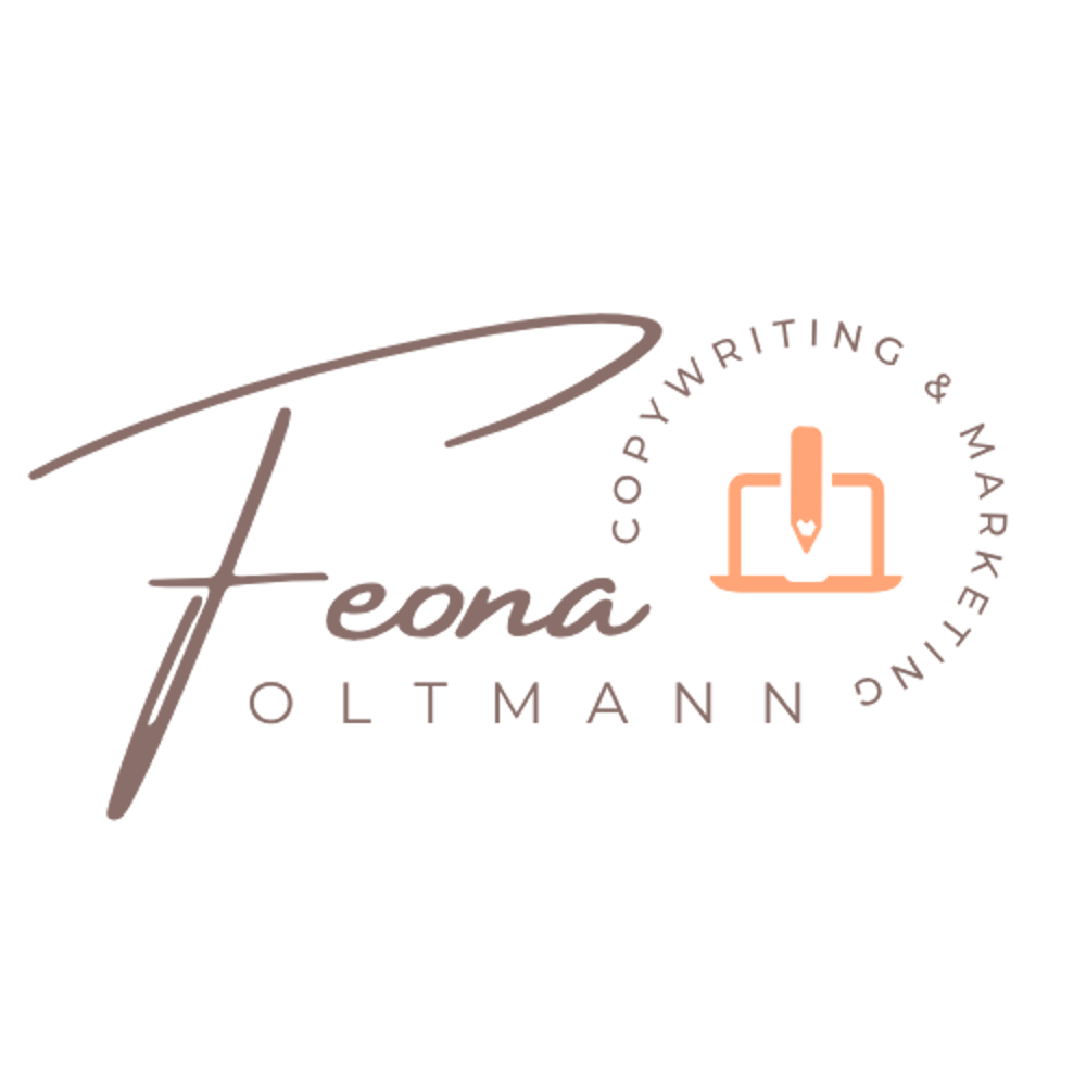 Feona Oltmann Logo mit Laptop-Symbol, Text "COPYWRITING & MARKETING" und "Feona Oltmann".