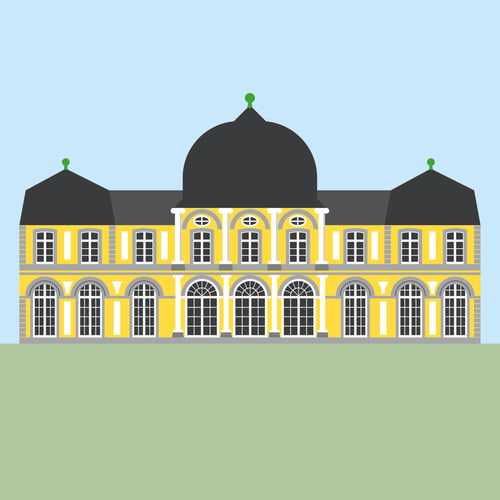Illustration des Poppelsdorfer Schlosses in Bonn mit gelber Fassade und Kuppel