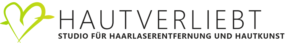 Logo von Hautverliebt, Studio für Haarlaserentfernung und Hautkunst, mit grünem Herz-Symbol auf schwarzem Grund.