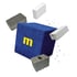 A blue cube with a yellow lowercase letter m is surrounded by floating concrete and white masonry bricks.