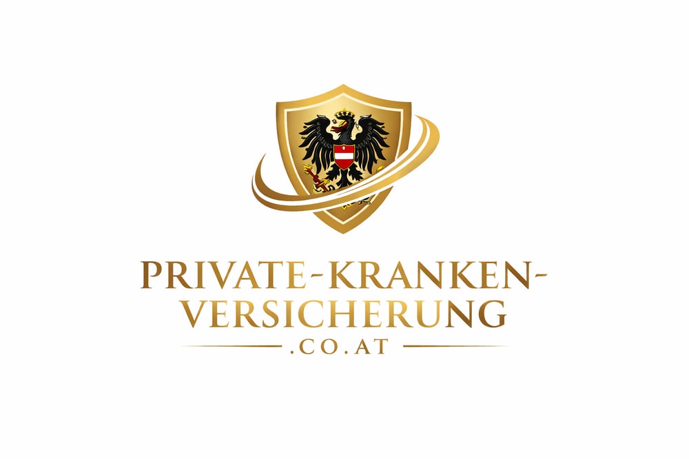 Logo mit goldenem Schild, österreichischem Adler und Text "PRIVATE-KRANKENVERSICHERUNG .CO.AT" in Gold.