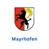 Wappen von Mayrhofen mit schwarzem Steinbock auf rot-weißem Schild, darunter der Schriftzug "Mayrhofen".