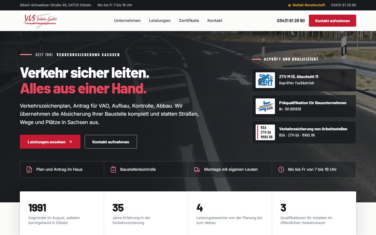 Die Startseite von VLS Verkehrsleitsysteme Döbeln in der Desktop-Ansicht