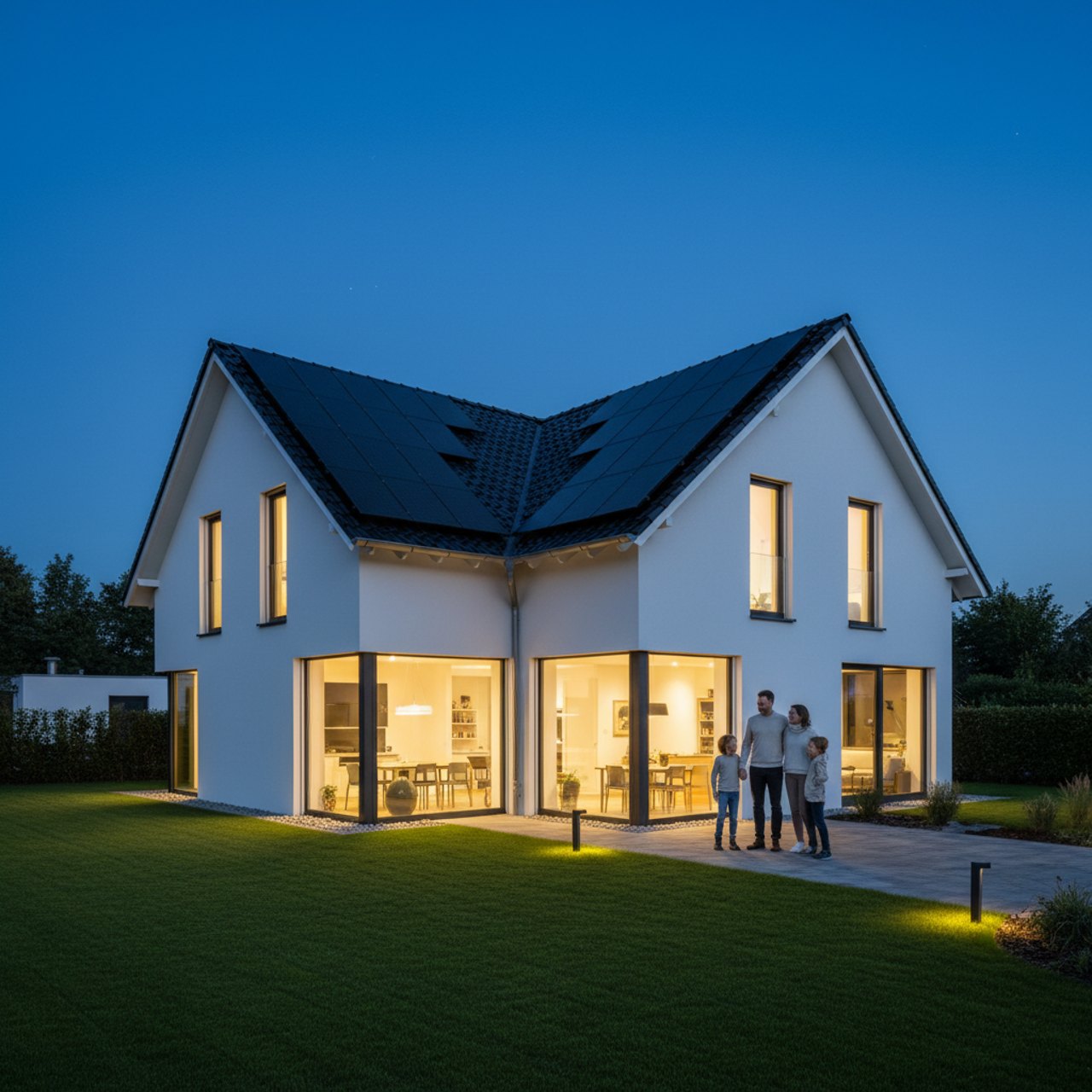 Wohnhaus mit Photovoltaikanlage am Abend