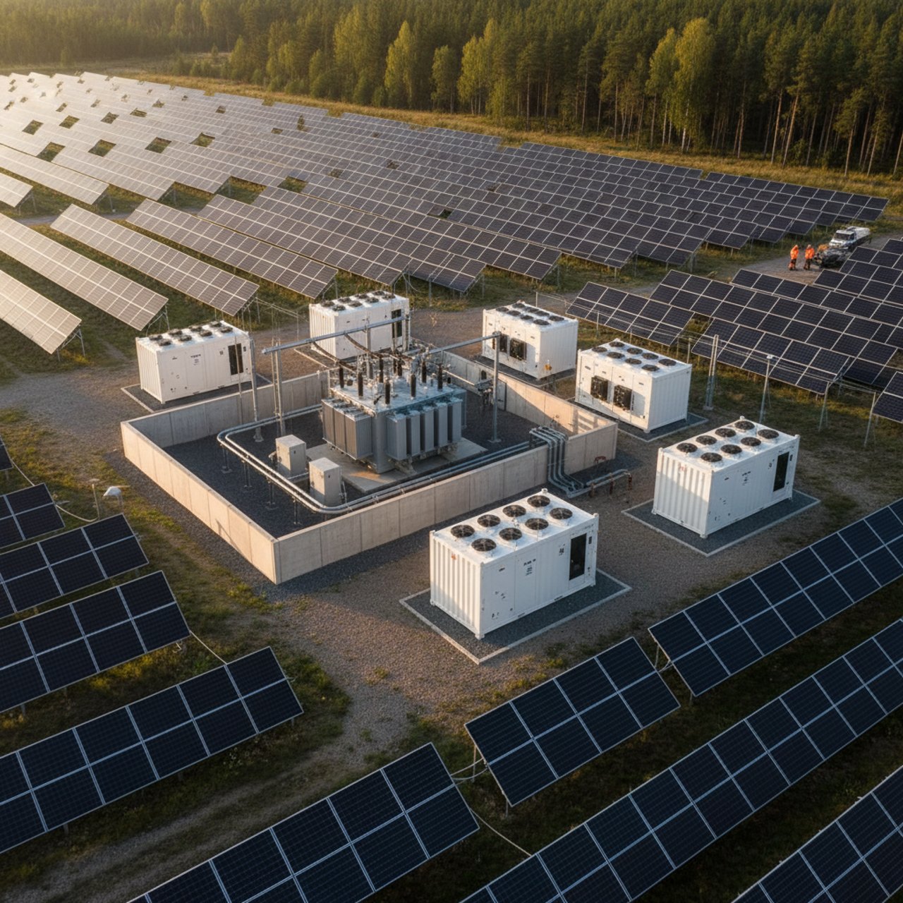 Freiflächen-Photovoltaikanlage mit Batteriespeicher-Containern und Trafostation