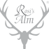 Graues Hirschgeweih mit Text "Rosi's Alm" im Zentrum und eingetragenem Warenzeichen (R) oben rechts.