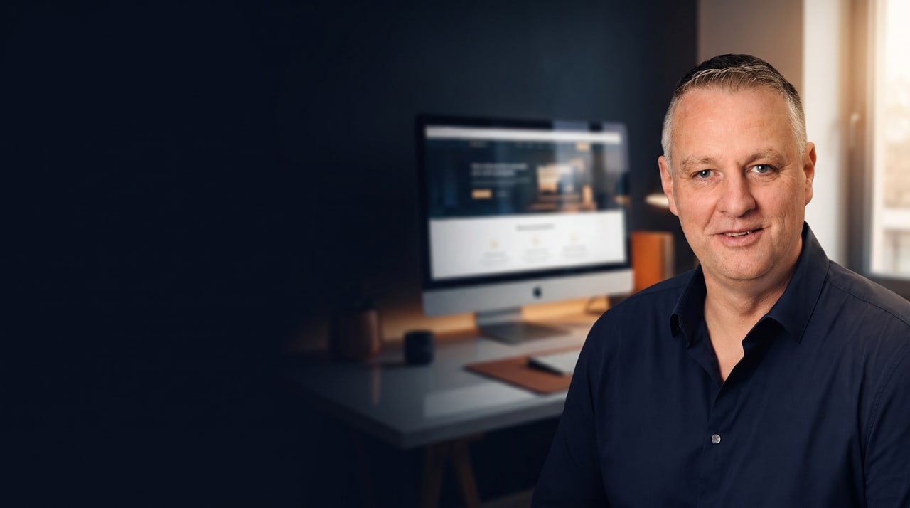 Bernhard Emig, Inhaber von Emig Media, an einem modernen Webdesign-Arbeitsplatz