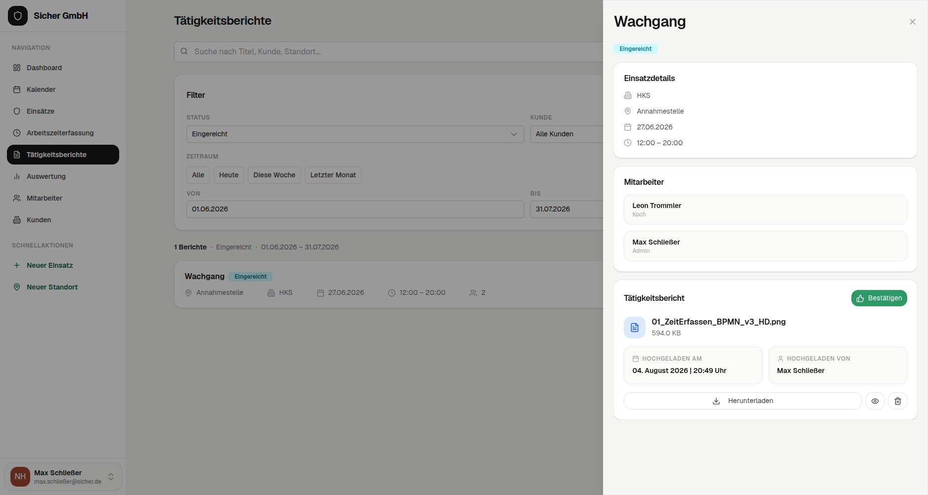 Aureniq Tätigkeitsberichte: eingereichter Bericht mit Freigabe-Panel