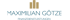 Logo: Maximilian Götze Finanzdienstleistungen mit drei goldenen Säulen auf dunkelgrünem Hintergrund.