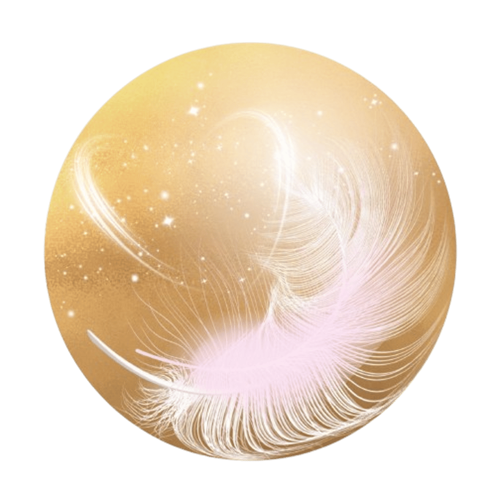 Goldene Kugel mit glitzerndem, schwebendem rosa Feder und leuchtenden Linien.