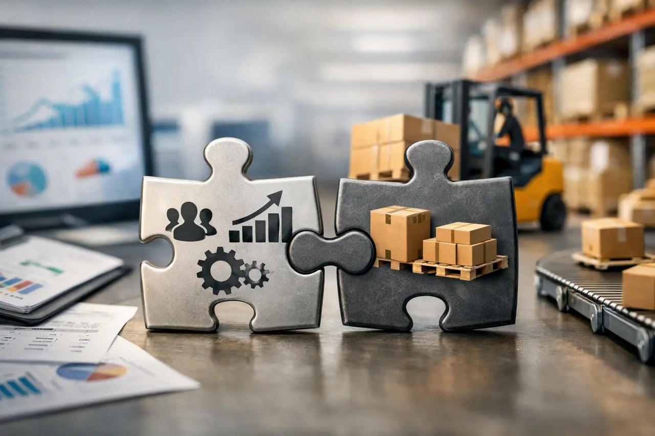 Zwei Puzzleteile mit Logistik-Symbolen vor einem unscharfen Lagerhaus mit Gabelstapler und Diagrammen.