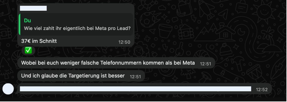 WhatsApp-Verlauf: Eine Kundin vergleicht die Kosten pro Lead bei Meta und LinkedIn
