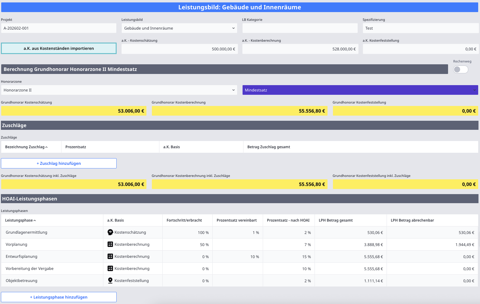 Faktura & HOAI – Honorarübersicht
