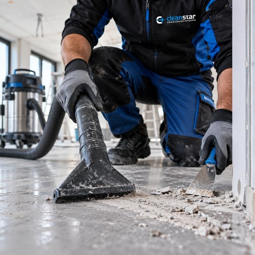 Baureinigung in einem Rohbau nach Abschluss der Arbeiten