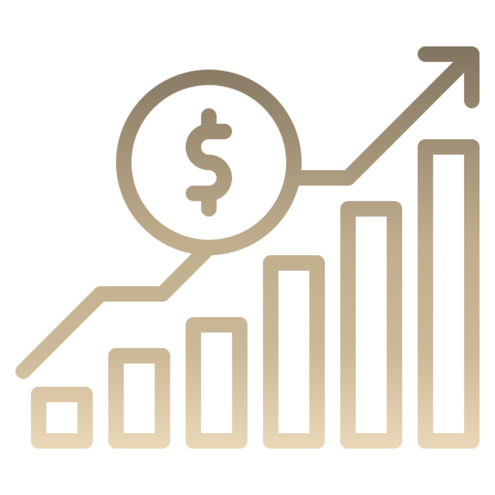 Balkendiagramm mit ansteigendem Trend und Dollarzeichen in einem Kreis.