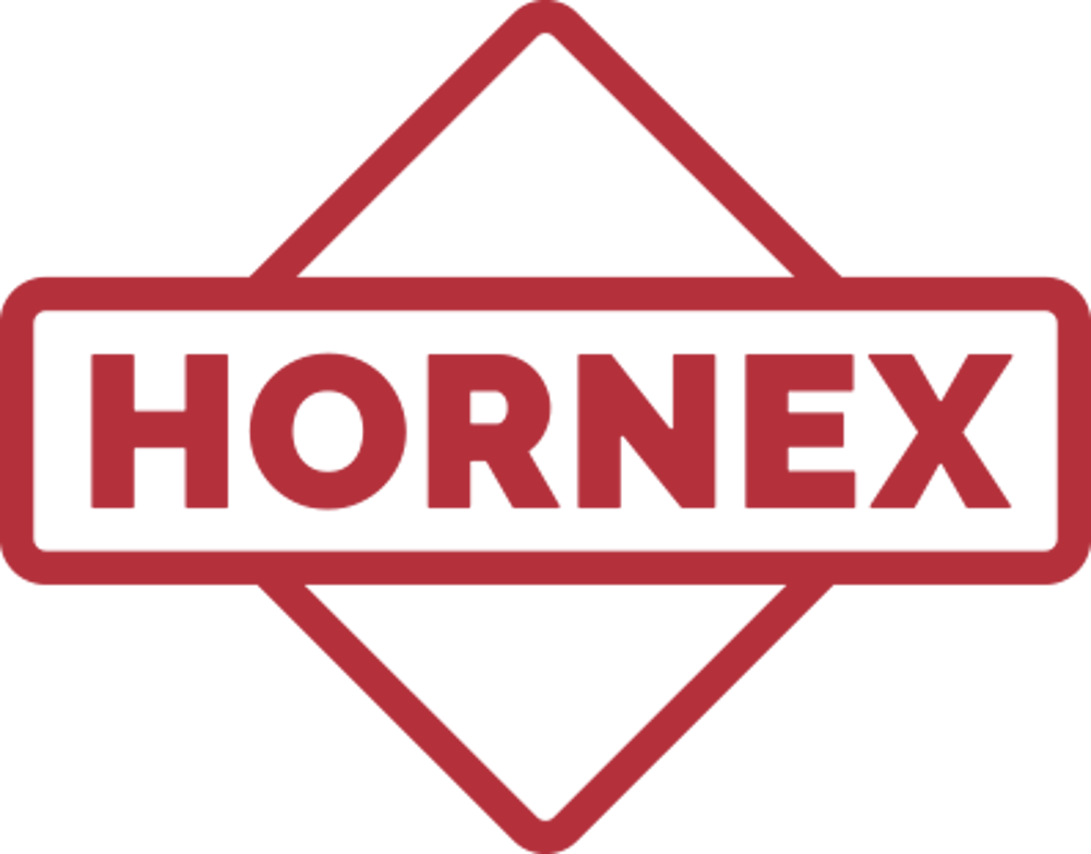 Rotes Hornex-Logo auf grünem Hintergrund.