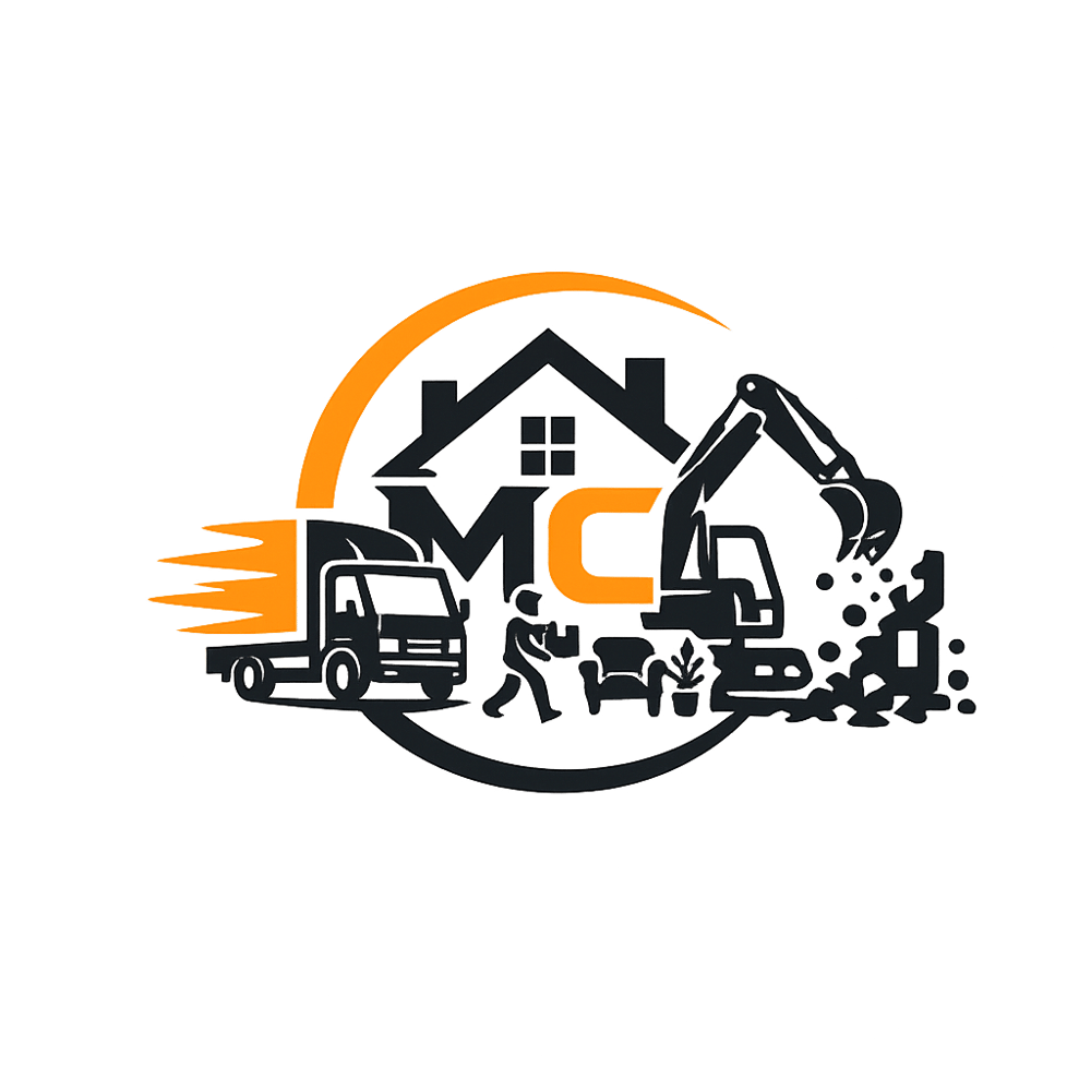 Logo mit Haus, Bagger, Umzugswagen, Möbeln und der orangen Aufschrift "MC".