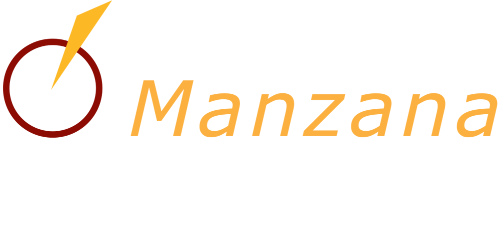 Logo des spanischen Restaurants Manzana mit rotem Kreis, gelbem Dreieck und dem Wort „Manzana“ in gelb