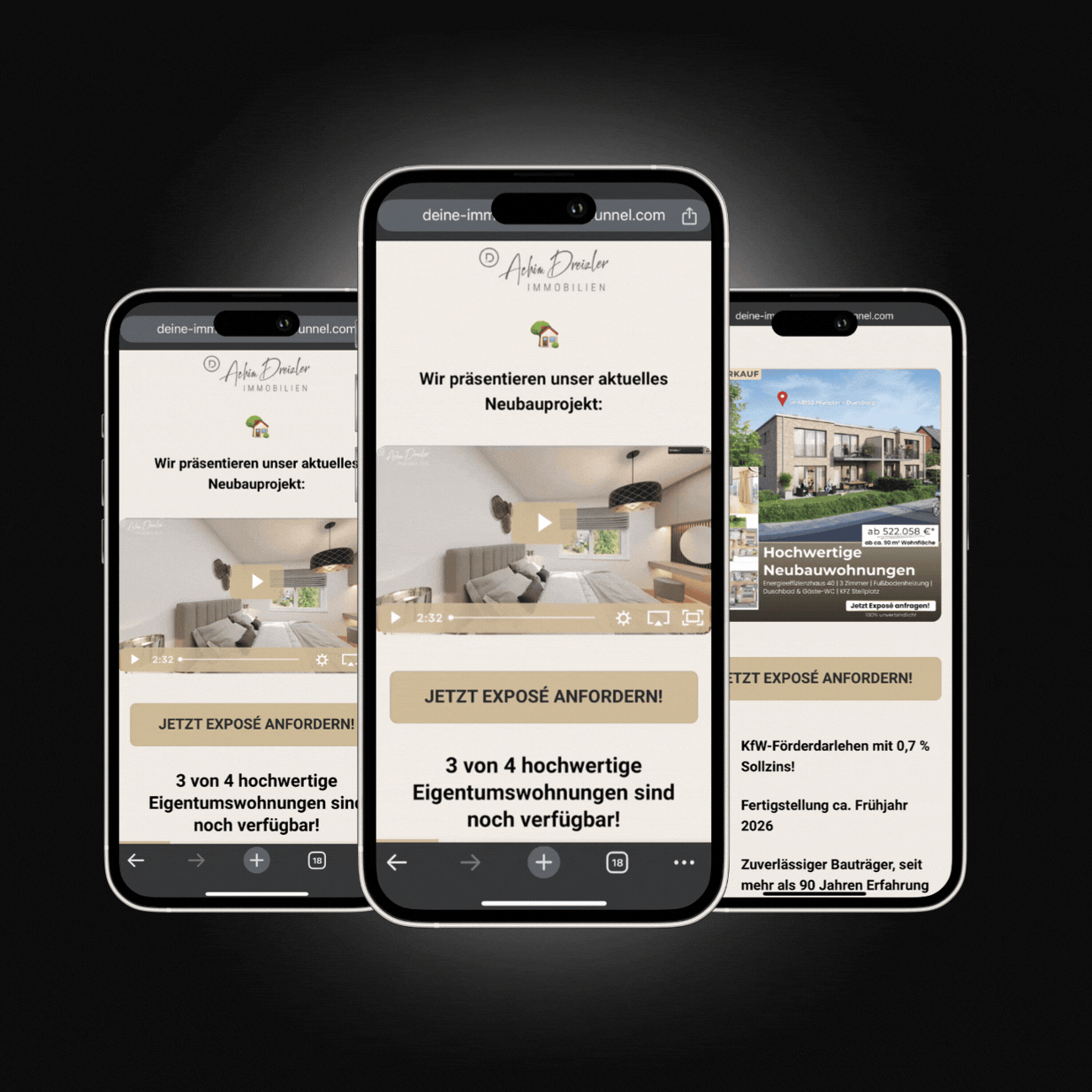 Eine Landingpage wo eine Neubauprojekt bzw. Neubauimmobilie mit vier einheiten vermarktet wird über von der firma immo anfrage bzw. immoanfrage aus hamburg, hier wurde der Funnel von Dreizler immobilien gezeigt, dieser funnel hat zu kaufabschlüssen geführt, weshalb der Empfehlenswert ist zu zeigen. Objektvermarktung über den Funnel war sehr erfolgreich
