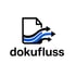 Ein blau-schwarzes Logo mit einem Dokument und drei Wellen, die zu Pfeilen werden, mit dem Text "dokufluss".