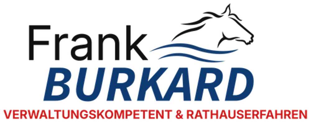 Logo Frank Burkard, Frank in Grau gechrieben Burkard in himmelblau. Darüber ein gezeichneter Pferdekopf mit einer Weller darunter. Unter Burkard steht Geradlinig. Glaubwürdig. Kompetent.