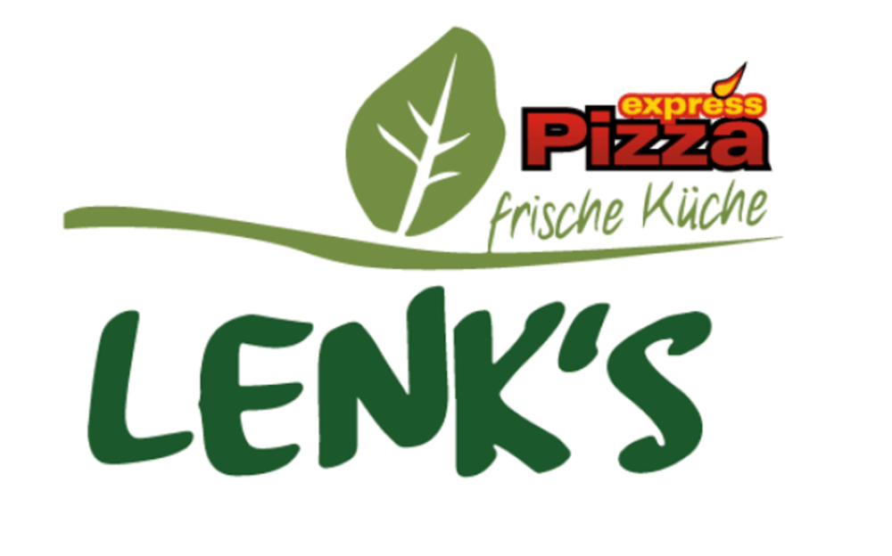 Logo von Lenk's Pizza Express mit einem Blatt und dem Text "frische Küche".