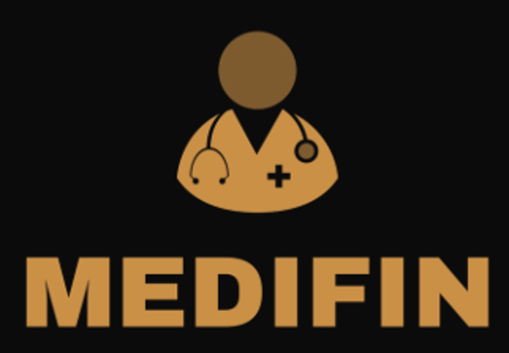 Braune Ärztefigur mit Stethoskop und Kreuz-Symbol; darunter der goldene Text "MEDIFIN" auf schwarzem Hintergrund.