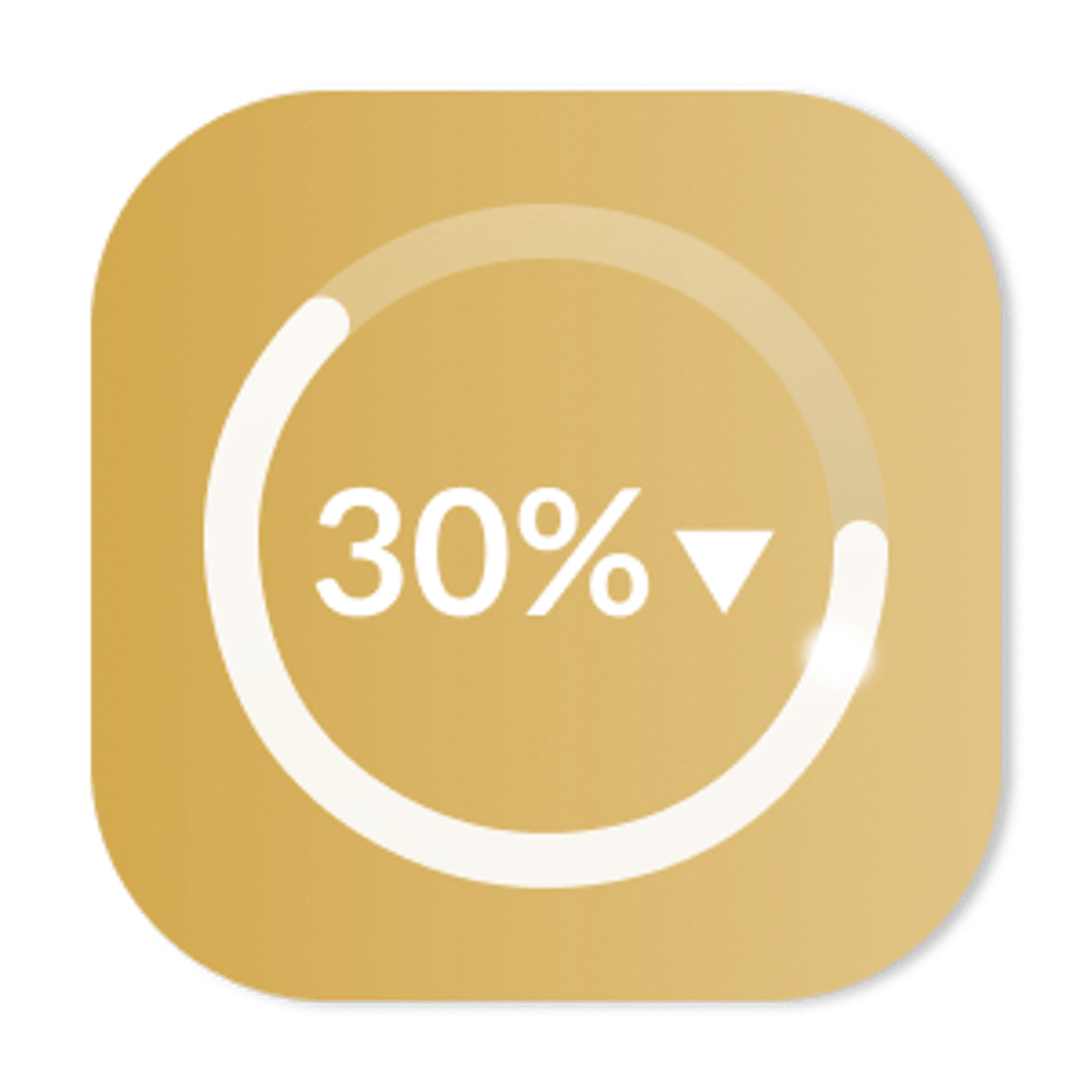 Goldenes App-Icon mit einer kreisförmigen Fortschrittsanzeige, die 30 Prozent und einen Abwärtspfeil zeigt.