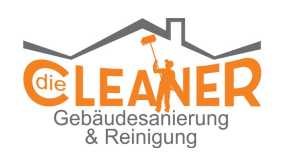 Firmenlogo "die CLEANER Gebäudesanierung & Reinigung" mit Dachlinie und stilisiertem Fensterputzer.