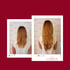 Rückenansicht einer Frau mit kurzem Haar (links) und langem blondem Haar (rechts) nach der Haarverlängerung, Corfehair.