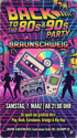 Plakat "BACK TO THE 80s & 90s PARTY BRAUNSCHWEIG" mit Kassette, CD, Ghettoblaster, Game Boy und tanzenden Silhouetten.