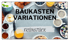 Frühstückstisch mit Kaffee, Croissants, Müsli, Orangensaft, Butter, Marmelade und Text "BAUKASTEN VARIATIONEN FRÜHSTÜCK".
