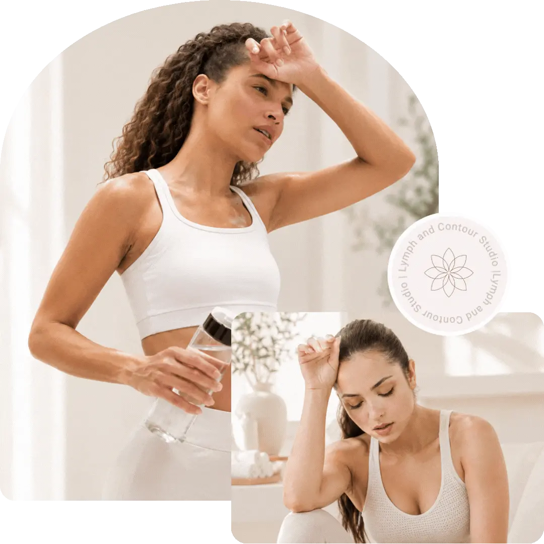 A woman in white activewear wipes sweat from her forehead beside the Lymph and Contour Studio logo.