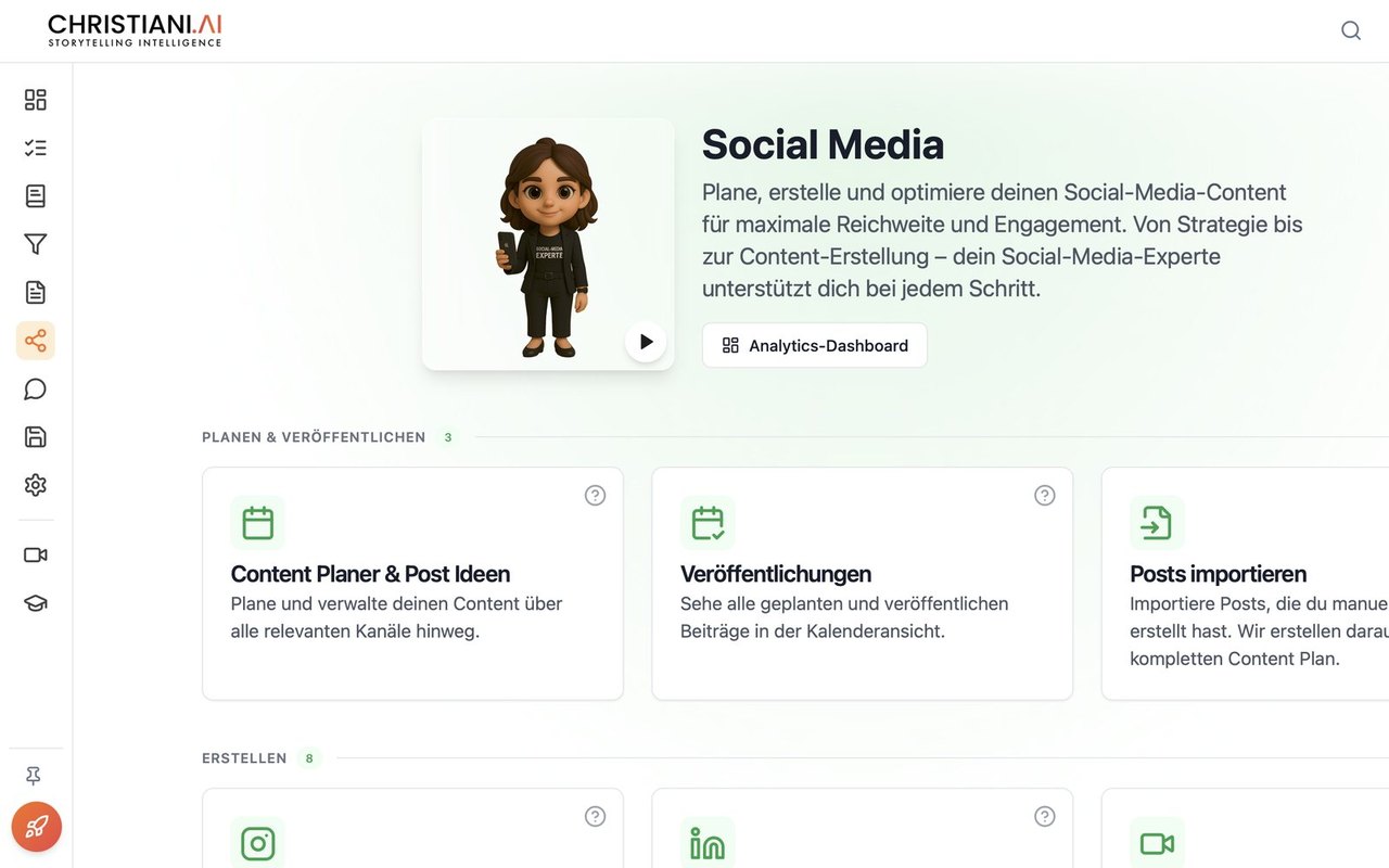 Christiani.AI, Bereich Social Media mit Content Planer, Veröffentlichungen und Import von Posts