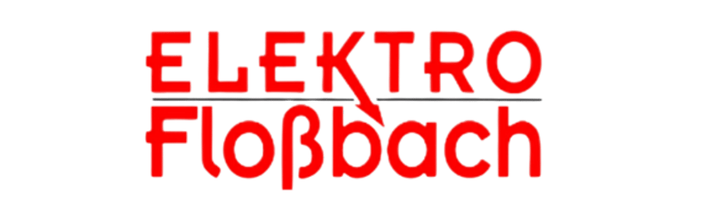 Rotes Logo mit „ELEKTRO“ über einer Linie und „Floßbach“ darunter, wobei ein Blitzpfeil von „ELEKTRO“ zu „Floßbach“ zeigt.