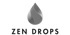 Graue, stilisierte Wassertropfenform über dem Text "ZEN DROPS" auf grünem Hintergrund.